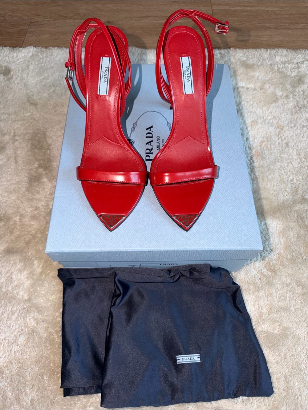 Prada Red Patent Leather Pointed Toe Slingback Heels